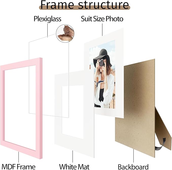 Picrit 8.5x11 Picture Frame Set of 12, Display 6x8 with Mat or 8.5 x 11 without Mat, Photo Frames for Wall Mounting or Table Top Display, Pink