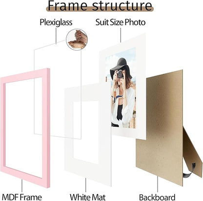 Picrit 8x12 Picture Frame Set of 12, Display 6x8 with Mat or 8x12 without Mat, Photo Frames for Wall Mounting or Table Top Display, Pink