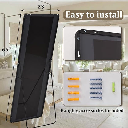 VooBang Round Corner Mirror Full Length, 66" x 23" Floor Mirror with Stand, Matte Aluminum Alloy Frame Full Body Mirror, Standing Hanging or Leaning for Bedroom and Living Room, Black