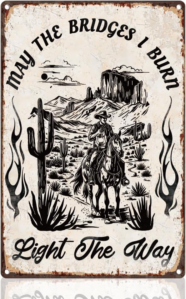 Western Cowboy Riding Horse Tin Sign Retro Metal Wall Decor 8" x 12" Cowboy Desert Cactus Wall Art Poster for Home Coffee Cafes Bathroom Gallery Man Cave Office Clubs Decor Gift