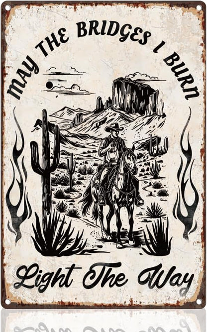 Western Cowboy Riding Horse Tin Sign Retro Metal Wall Decor 8" x 12" Cowboy Desert Cactus Wall Art Poster for Home Coffee Cafes Bathroom Gallery Man Cave Office Clubs Decor Gift