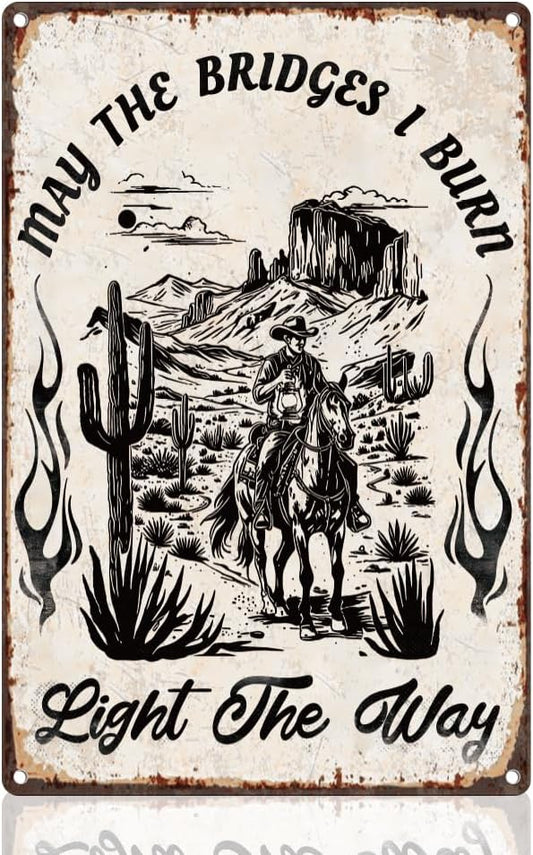 Western Cowboy Riding Horse Tin Sign Retro Metal Wall Decor 8" x 12" Cowboy Desert Cactus Wall Art Poster for Home Coffee Cafes Bathroom Gallery Man Cave Office Clubs Decor Gift