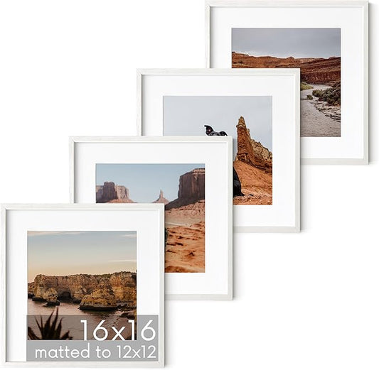 HAUS AND HUES Solid Oak Wood 16”x16” Picture Frames Matted to 12”x12” Set of 4 - White Picture Frames 16x16, White Square Frames 16x16, 16 x 16 Picture Frame Pack, Square Gallery Wall Frames