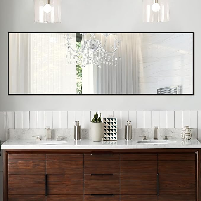 NeuType 64"x21" Full Length Mirror Floor Mirror with Standing Holder Aluminum Alloy Frame Bedroom Dressing Mirror Standing Hanging or Leaning Against Wall, Black