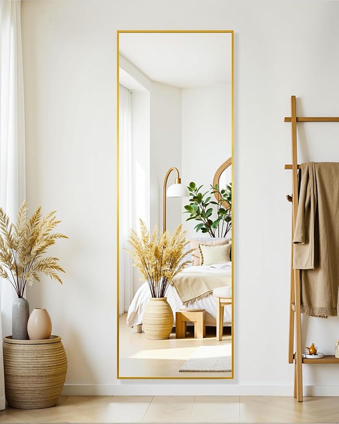 Suidia Full Length Mirror, 56"x14" Floor Standing Mirror Freestanding, Full Body Mirrors with Stand for Bedroom, Hanging Mounted for Living Room Cloakroom, Gold, Rectangular Style