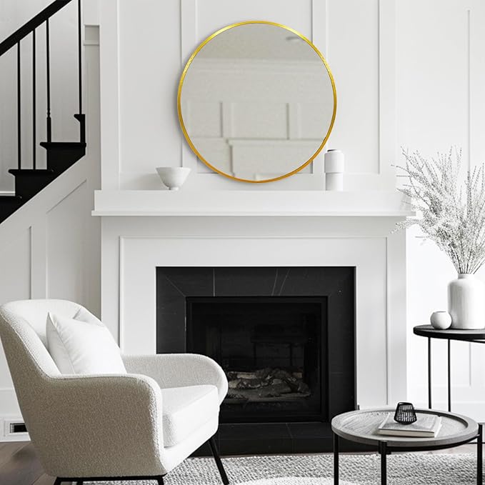Gold Round Mirror 28 inch, Gold Circle Mirror, Round Wall Mirrors Metal Frame, Circle Mirrors for Bathroom, Living Room, Hallway, Vanity, Over Sink