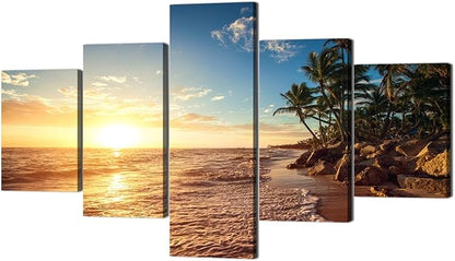 Beautiful Extra Large 5 Piece Sunset Beach Palm Landscape Artwork Pictures Painting on Canvas Wall Art for Living Room Prints and Posters for Home Decorations Wall Decor Set Framed (60" W x 40" H)