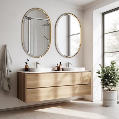 POZINO Modern Oval Beveled Mirror, 24"x36" Brushed Gold Bathroom Vanity Mirror Over Sink, Pill Shaped Capsule Wall Mounted Mirrors for Living Room Bedroom Entryway, Hangs Vertically or Horizontally