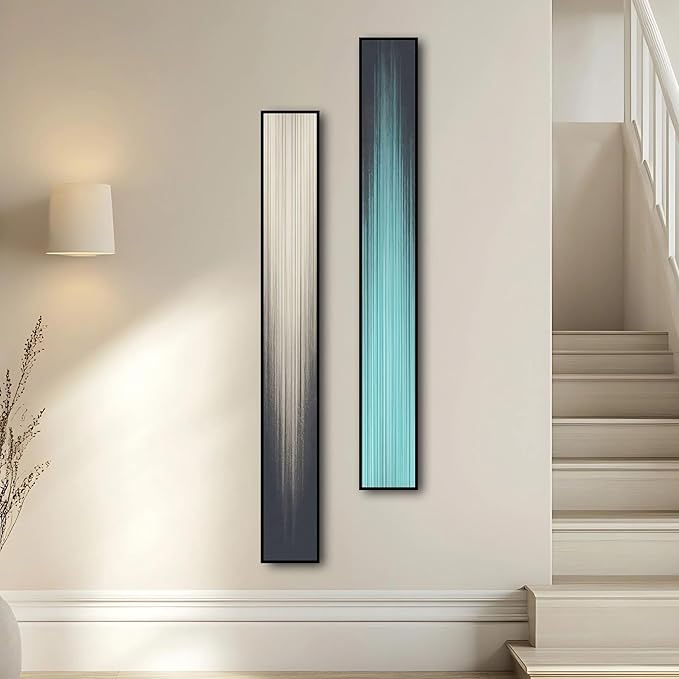 Large Framed Long Narrow Vertical Abstract Wall Art Set of 2, Premium Crystal Porcelain Canvas Prints, Teal Beige Modern Design - Perfect for Entryway, Hallway, Living Room, Bedroom - 10x63 inch
