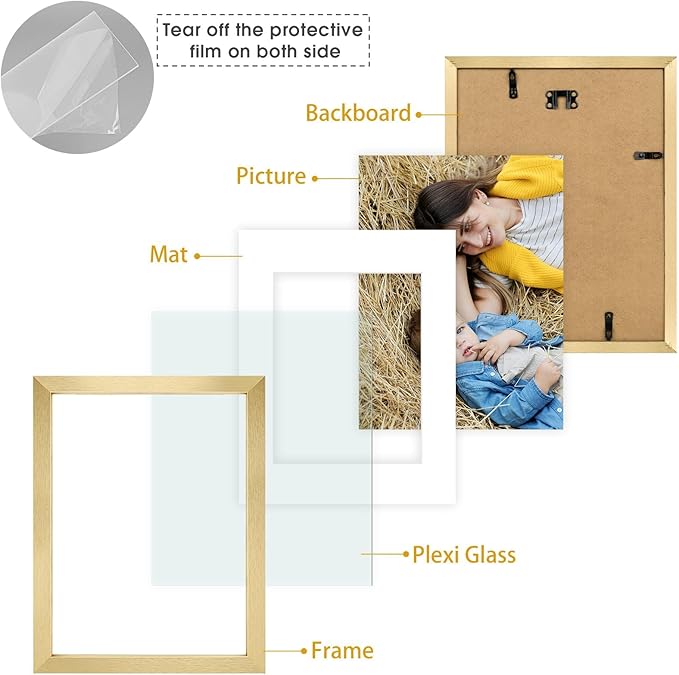 Golden State Art, 9x12 Picture Frame Set of 6 - Matted to 6x8 Photo - Engineered Wood Gallery Frame Set - Wall Mounting (Gold, 6 Pack)
