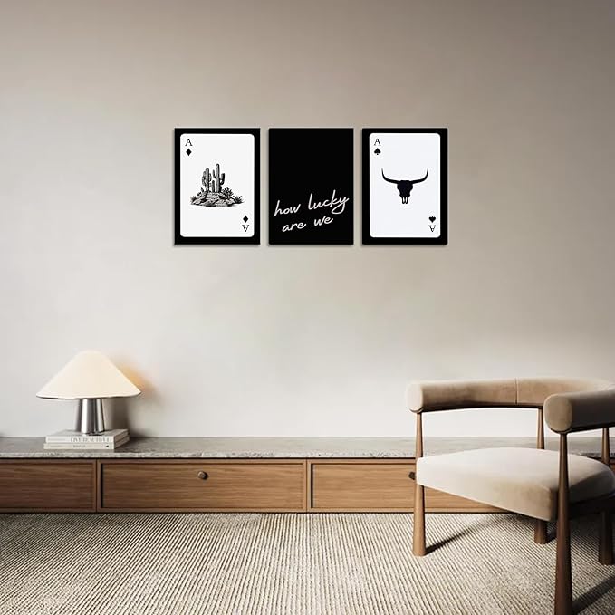 Western Wall Decor Living Room,Southwestern Cowboy How Lucky Are We Wall Art,Longhorn Bull Skull and Playing Card Canvas Painting Pictures for Bedroom Bathroom Office,12x16in,Framed