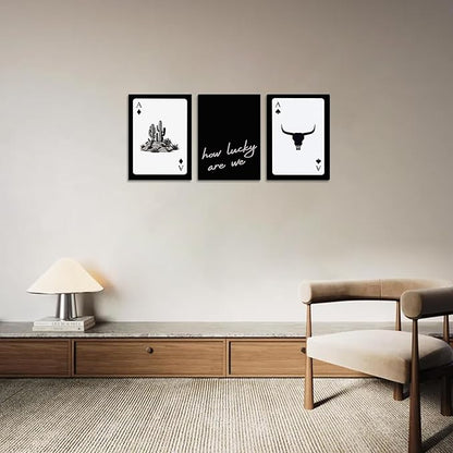 Western Wall Decor Living Room,Southwestern Cowboy How Lucky Are We Wall Art,Longhorn Bull Skull and Playing Card Canvas Painting Pictures for Bedroom Bathroom Office,12x16in,Framed