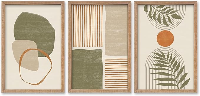 SRSZHIYUE Large Green Abstract Boho Plant Wall Art Neutral Bohemian Set of 3 Wood Framed 24x16 Inch for Living Room Bedroom Wall Decor Hanging (Wood)