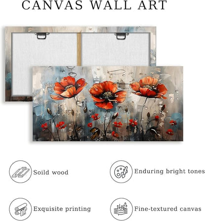 SERIMINO Large Wall Art for Living Room, Nature Floral Botanical Wall Art, Red Flowers Canvas Prints Paintings, Wildflower Modern Home Decor Bathroom Dining Room Kitchen 29"X57"