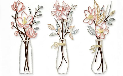 RISCORIO 3 Pieces Flower Wall Decor Minimalist Wall Art, Metal Flowers Wall Arts for Dining Room, Living Room, Bedroom, Bathroom, Kitchen, Rustic Farmhouse Decor, Pink