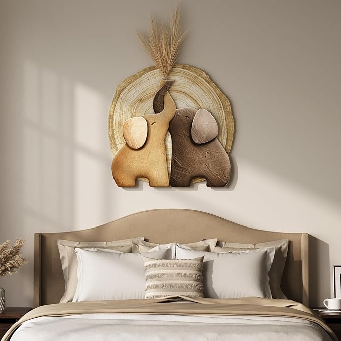 Troartos 3D Textured Elephant Wall Art Decor, Minimalist Neutral Brown Animal Artwork for Walls, Tree Ring Wall Decor for Living Room, Dining Room, Bedroom, Home Office 24x24 Inch