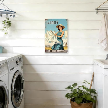 Laundry Vintage Tin Sign Funny Sarcastic Fresh Linens Breezy Days Retro Housewife Design Vintage 1950s Mom 16x12 Inch
