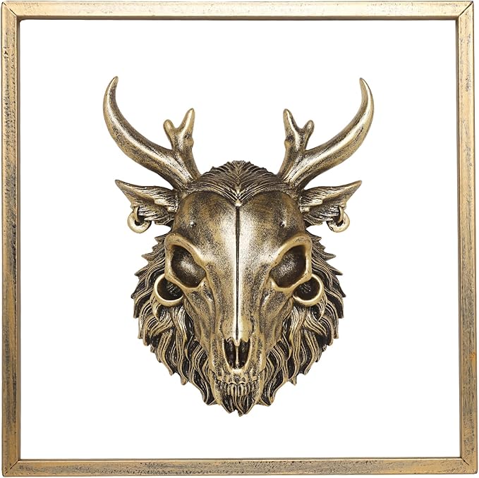 JJALIGHTS Exquisite Resin Animal Head Wall Sculpture (Gift Metal Frame) - Imitation Copper Vintage Decor for Living Room, Bedroom & Office | Decorative Wall Hanging Art (Wendigo)