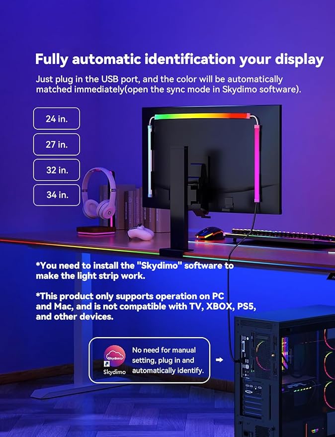 Monitor LED Backlights for PC & Mac, LED Strip Light Sync with Screen Color/Music, Computer Light Bar Behind Screen, LEDs for Desk Gaming, USB Port, Software Control, G100 (4-Side 32inch)