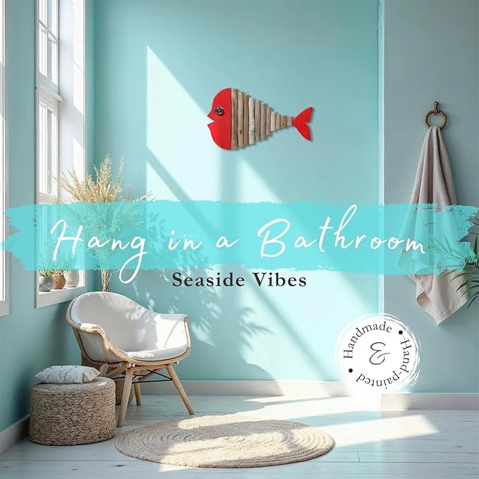 Driftwood Fish Nautical Wall Decor - Handmade Wooden Rustic Coastal Wall Art for Living Room, Bedroom, Office, Bathroom - Ocean Beach Decoration (Ruby)