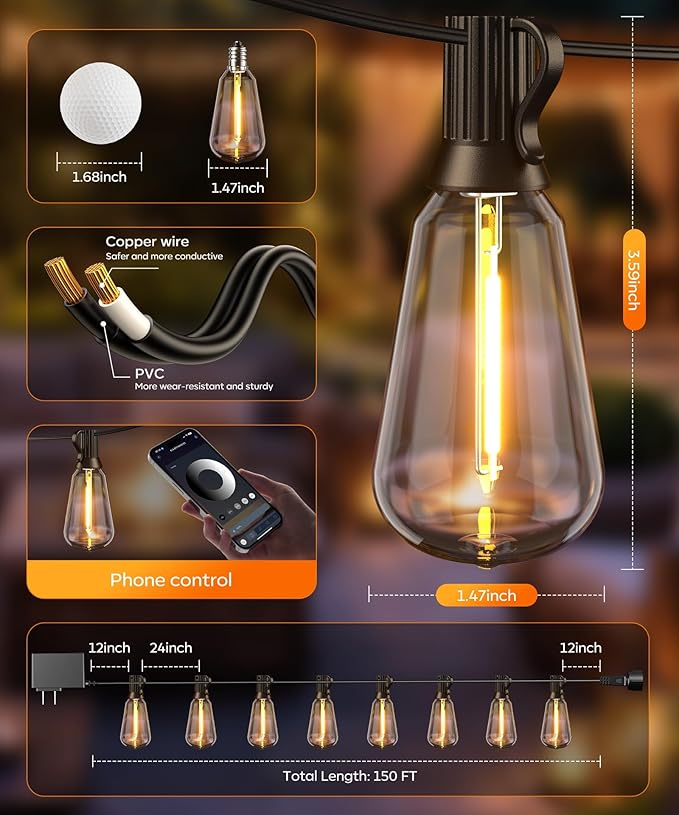 Outdoor String Lights, 150ft Patio Lights for Outside, Smart App & Remote Control with Timer, Dimmable with 4 Scene Modes, Warm White Waterproof LED Bulbs for Garden, Yard and Backyard Decor