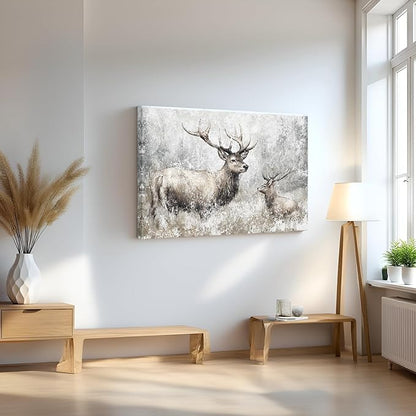 LevvArts Deer Canvas Wall Art Vintage Elk Painting Prints Rustic Farmhouse Kitchen Decor Wildlife Artwork Framed Ready to Hang (Large)
