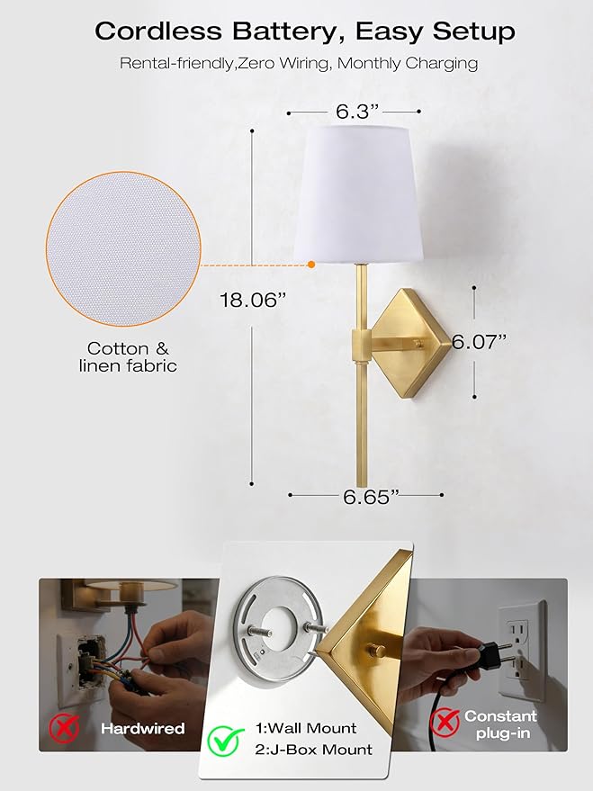 CLOUDY BAY 10000mAh Battery Operated Wall Sconces,Up to 100 Hours with Rechargeable RGB Dimmable Magnetic Bulb,Cordless Wall Lighting Fixtures with Remote for Bedroom,Soft Gold,2 Pack-18inch