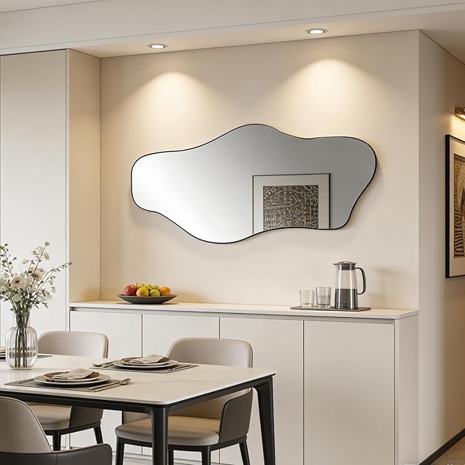 Large Irregular Mirror, 54.5"x24" Asymmetrical Tempered Glass Mirror, Modern Abstract Frameless Mirrors for Living Room Bedroom Hallway Entryway, Hangs Vertically or Horizontally