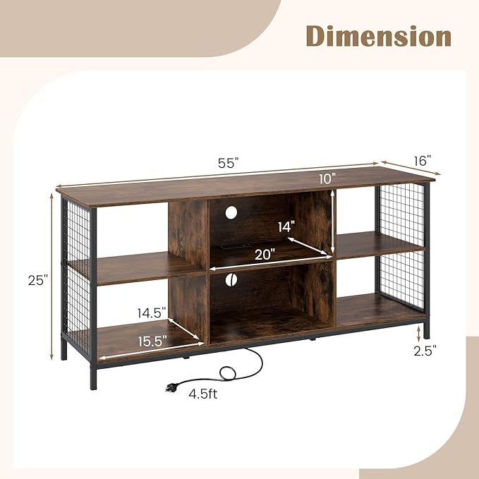 Giantex Industrial TV Stand for TVs up to 65 Inch, 3-Tier Entertainment Center with Power Outlets, Metal Mesh Sides & 2 Cable Holes, 6-Cube TV Console Table for Living Room, Bedroom, Rustic Brown