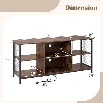 Giantex Industrial TV Stand for TVs up to 65 Inch, 3-Tier Entertainment Center with Power Outlets, Metal Mesh Sides & 2 Cable Holes, 6-Cube TV Console Table for Living Room, Bedroom, Rustic Brown