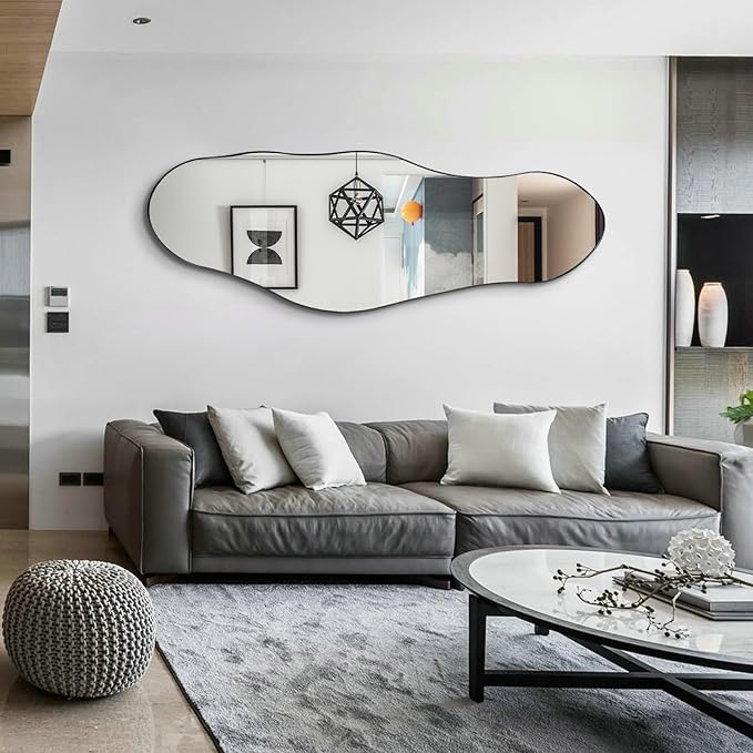 Irregular Mirror Full Length, 63"x22.5" Large Asymmetrical Mirror with Black Metal Frame, Abstract Wall Mirrors for Living Room Bedroom Hallway Entryway, Hangs Vertically or Horizontally