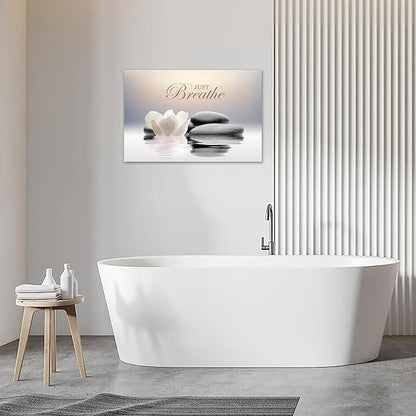 Zen Stone Canvas Wall Art Just Breathe Yoga Quotes Poster for Spa Decor White Lotus Flower Pictures Prints for Bathroom Modern Spiritual Artwork Framed (20 x 30inches)