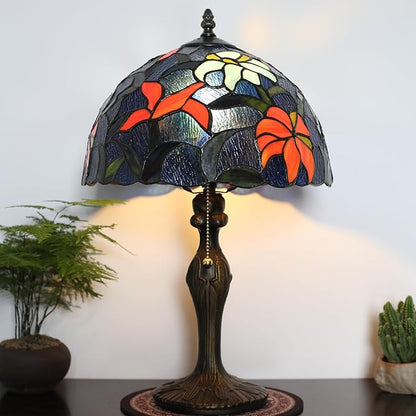 Tiffany Lamp Stained Glass Table Lamp Bedside Reading Lamp 12 x 19” Irises Style Decorative Lamp for Desk Study Living Room Bedroom Office Light Decor Gift