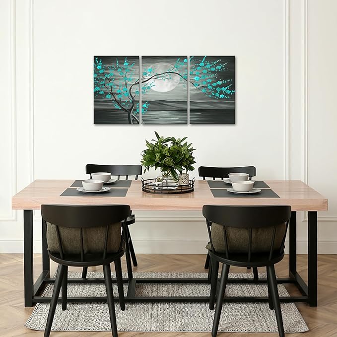 iKNOW FOTO 3pcs Grey and Teal Floral Canvas Prints Framed Plum Blossom Tree Oil Painting Printed on Canvas Gallery Wrapped Full Moon Flower Pictures Living Room Traditional Paintings 16x24x3pcs
