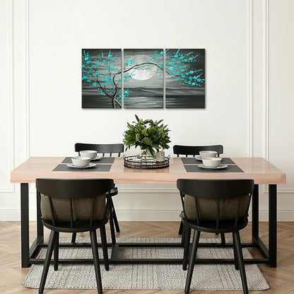 iKNOW FOTO 3pcs Grey and Teal Floral Canvas Prints Framed Plum Blossom Tree Oil Painting Printed on Canvas Gallery Wrapped Full Moon Flower Pictures Living Room Traditional Paintings 16x24x3pcs