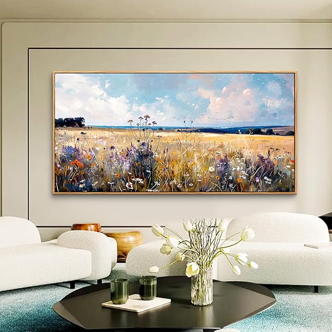 hyidecorart Boho Wall Decor For Bedroom Wood Framed Canvas Print Wall Art Living Room Farmhouse Pictures Watercolor Wild flowers Nature Field Landscape Wall Paintings Office Large Decoration