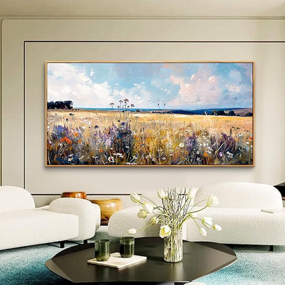 hyidecorart Boho Wall Decor For Bedroom Wood Framed Canvas Print Wall Art Living Room Farmhouse Pictures Watercolor Wild flowers Nature Field Landscape Wall Paintings Office Large Decoration
