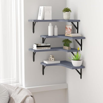 ROMGUAR CRAFT Corner Floating Shelves Wall Mounted Set of 4, Rustic Wood Storage Display Shelves for Home Decor, Bathroom, Kitchen, Bedroom, Living Room, Office (Grey)