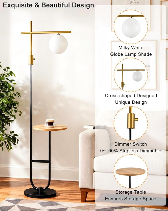 Lightdot 66IN Gold&Black Dimmable Floor Lamps with Storage Table, Modern Standing Tall Lamp with Milky White Globe Lampshade, Cross-Shaped Lamp Head and U-Pole Base Style for Living Room/Bedroom