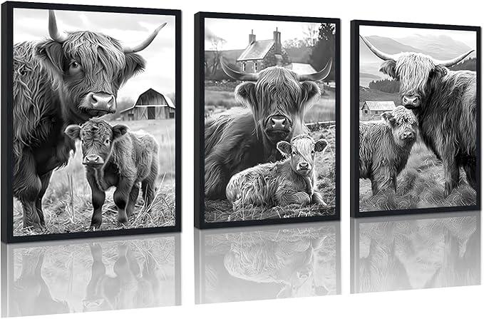 Western Cow 3 Piece Framed Wall Art for Living Room Vintage Black and White Farmhouse Canvas Poster Rustic Highland Cow Wall Decor for Kitchen Country House Decor Easy to Hand 12x16inchx3pcs