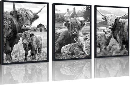 Western Cow 3 Piece Framed Wall Art for Living Room Vintage Black and White Farmhouse Canvas Poster Rustic Highland Cow Wall Decor for Kitchen Country House Decor Easy to Hand 12x16inchx3pcs