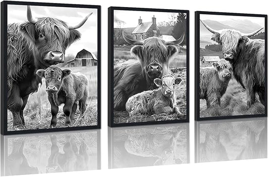 Western Cow 3 Piece Framed Wall Art for Living Room Vintage Black and White Farmhouse Canvas Poster Rustic Highland Cow Wall Decor for Kitchen Country House Decor Easy to Hand 12x16inchx3pcs