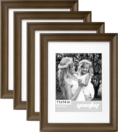 Yaetm 11x14 Picture Frame with Mat for 8x10 Set of 4, 1.4" Wide Molding Brown Wood Grain Photo Frames 11 x 14 with Tempered Glass for Home and Office, Wall Mount (4 pack, Wood Brown)