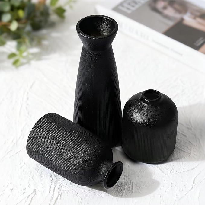 Black Ceramic Flower Vases Set of 3, Valentine's Day Gift Vases with Vertical Stripe Texture, Modern Decorative Vases for Dried Flowers, Home Decor Vases for Living Room Bedroom Kitchen Shelf