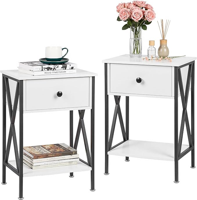 VECELO Nightstands, Modern Bedside End Tables Set of 2, Night Stand with Drawer and Storage Shelf for Living Room Bedroom, Industrial Metal Frame