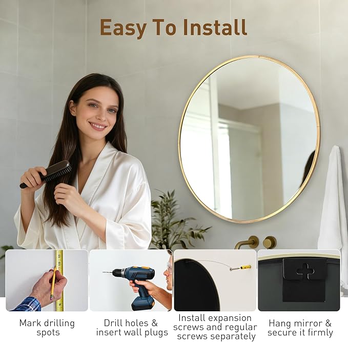 NEWBULIG 28 Inch Round Wall Mirror, Bathroom Mirror for Over Sink, Matte Metal Framed Circle Vanity Mirror, Wall Decor for Bedroom, Entryway, Anti-Rust, Tempered Glass, Hanging or Leaning, Gold