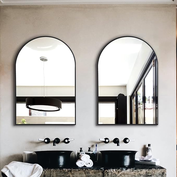 Arched Bathroom Mirror for Wall, 36" x 24" Black Metal Frame Vanity Mirror, HD Glass Over Sink for Bathroom, Entryway, Bedroom