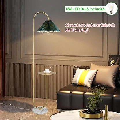 beaysyty Modern Elegant with Tray Floor Lamp for Office Cafe Den Living Room Bedroom, Foot Switch and Brass/Gold Finish,Dark Green Pleated Cloth Lampshade