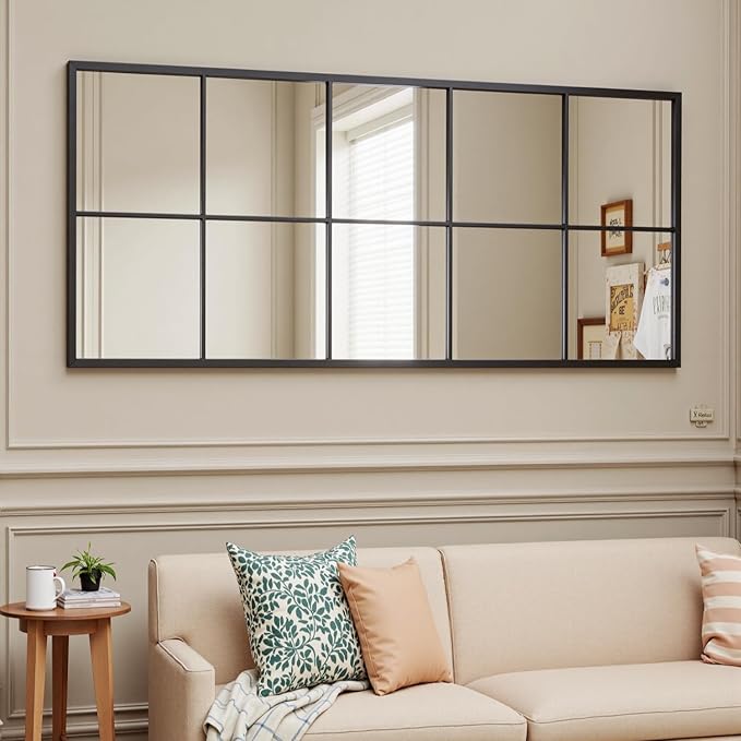 Prywot Full Length Mirror, 65"x24" Window Pane Mirror for Wall Decor, Black Full Body or Wall Mounted Mirrors, Farmhouse Standing Mirrors Hanging or Leaning for Living Room, Entryway, No Stand