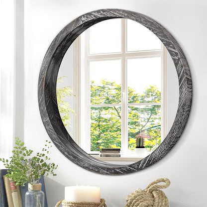 JJUUYOU Circular Wall Mirror Round Mirror for Bathroom Small Circle Wall Mounted Mirror for Decor Wood Framed Make up Mirror for Farmhouse Living Room Bedroom 16Inch